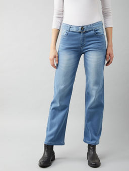 DOLCE CRUDO - Blue Cotton Wide Leg Relaxed Mid Rise Regular Length Stretchable Denim Jeans