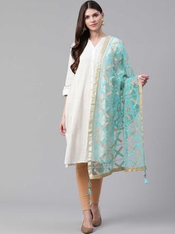 WEAVERS VILLA - Turquoise Embroidered Dupatta