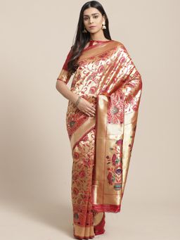 Sareemall - Red Silk Blend Saree With Unstitched Blouse
