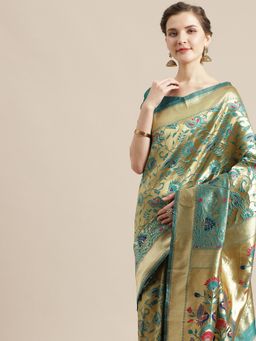 Sareemall - Teal Green Silk Blend Saree With Unstitched Blouse