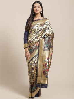 Sareemall - Navy Blue Silk Blend Saree With Unstitched Blouse