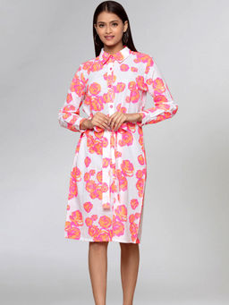 First Resort by Ramola Bachchan - Orange Rose Print Shirt Dress (set Of 2)