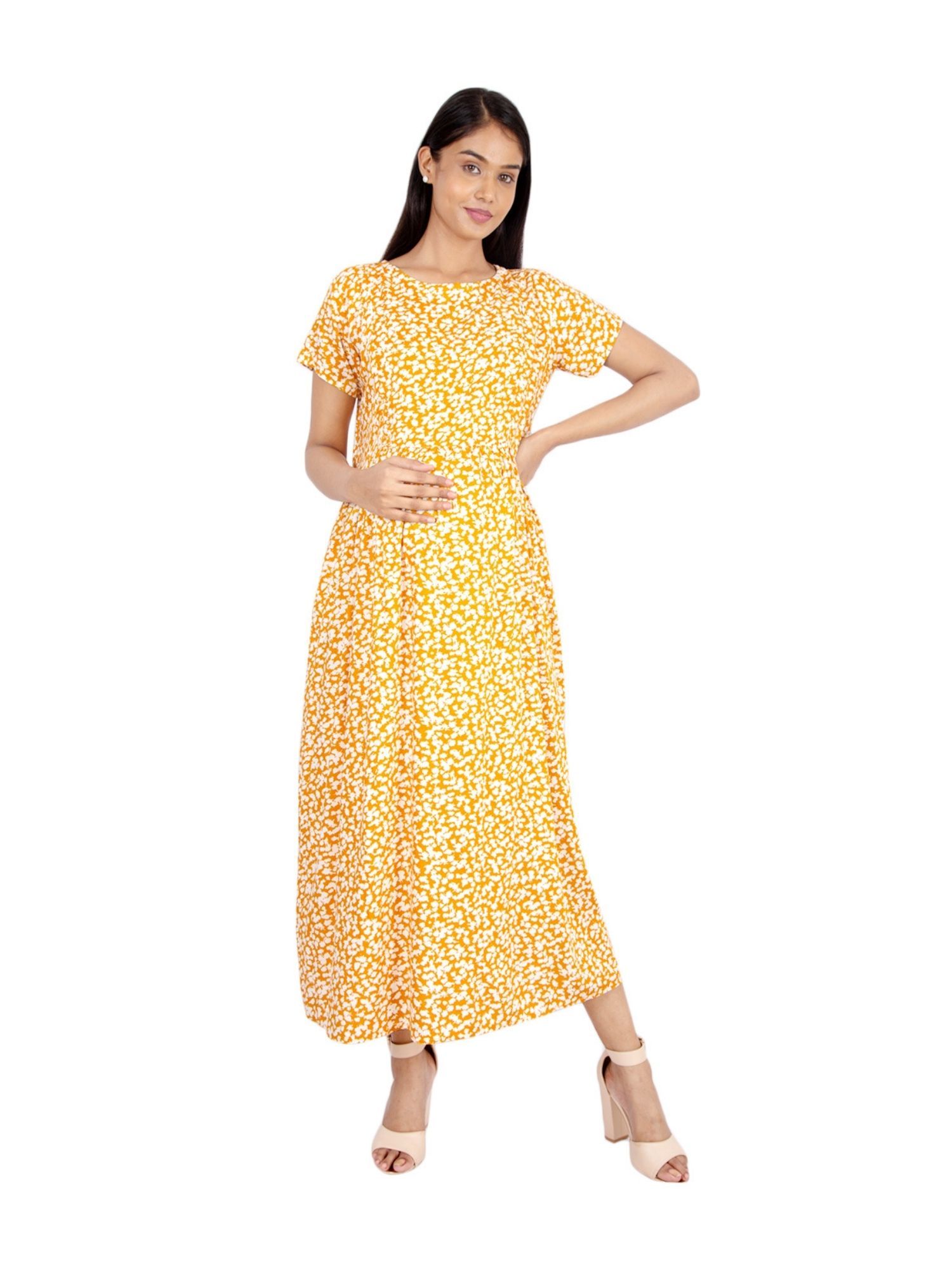 morph maternity Women's Rayon Flared Maternity Dress - Yellow-picture-22
