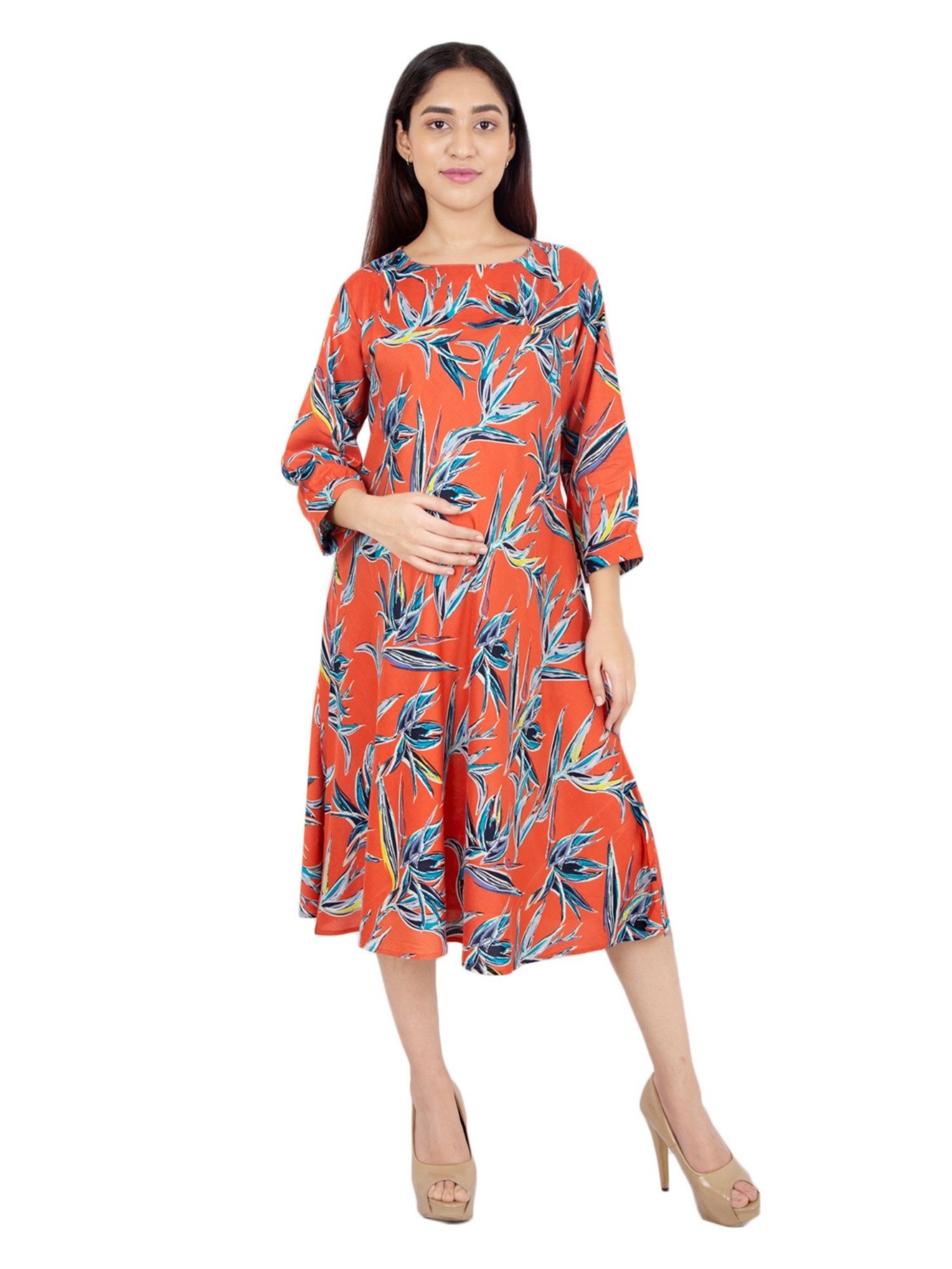morph maternity Women's Cotton Umbrella Maternity Dress - Orange-picture-0