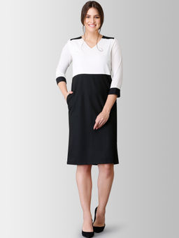 FableStreet - V Neck Black And White Block Shift Dress