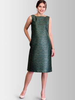 FableStreet - Bottle Green Boat Neck Silk Brocade Shift Dress