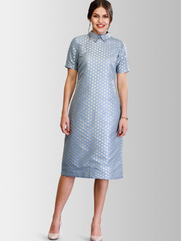 FableStreet - Blue Collared Neck Silk Brocade Below Knee Shift Dress