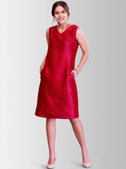 FableStreet - Ruby Pink V Neck Raw Silk Shift Dress