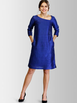 FableStreet - Royal Blue Asymmetric Neck Raw Silk Shift Dress