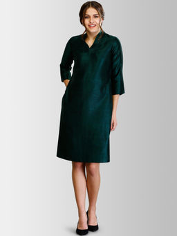 FableStreet - Bottle Green Double Collared V Neck Raw Silk Shift Dress