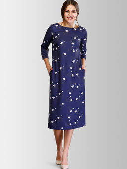 FableStreet - Navy Blue Boat Neck Floral Print Shift Dress