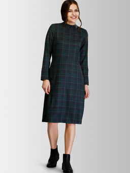 FableStreet - Black And Green High Round Neck Printed Plaid Shift Dress