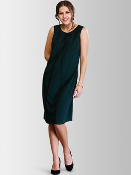 FableStreet - Bottle Green Round Neck Piping Detail Shift Dress
