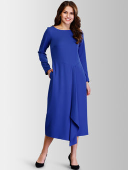 FableStreet - Cobalt Blue Boat Neck Asymmetric Hem Midi Dress