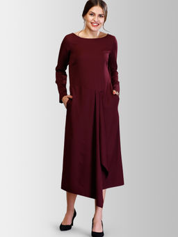 FABLE STREET - Maroon Boat Neck Asymmetric Hem Midi Dress