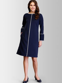 FABLE STREET - Navy Blue Boat Neck Piping Detail Dress