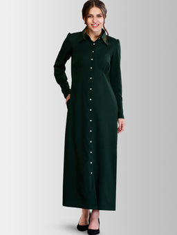 FableStreet - Bottle Green Button Down Gather Detail Maxi Dress