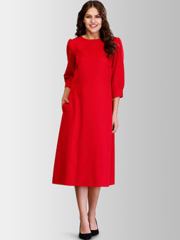 FableStreet - Poppy Red Round Neck Below Knee A Line Dress