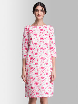 FableStreet - Pink Boat Neck Floral Dress