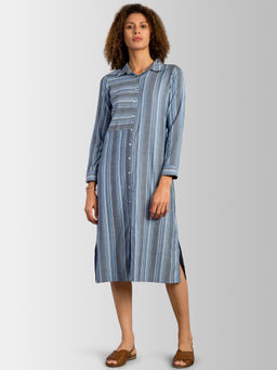 FABLE STREET - Blue Striped Collar Neck Midi Dress