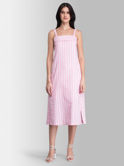 FableStreet - Pink Striped A Line Strappy Dress