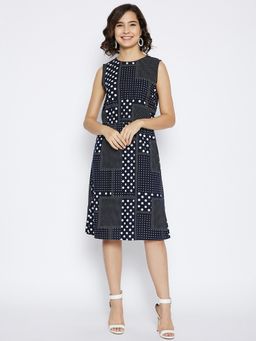 CRIMSOUNE CLUB - Women's Navy Blue Polka Dots Knee Length