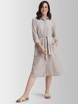 FableStreet - Linen Striped Shirt Dress - Beige and White