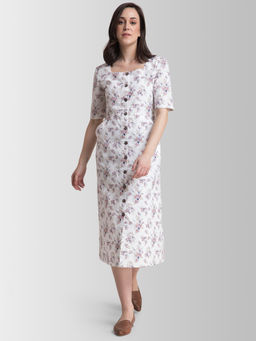FABLE STREET - Linen Floral Fit and Flare Dress - Pink and White