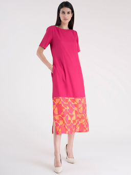 FableStreet - Boat Neck Color Block Shift Dress - Fuchsia
