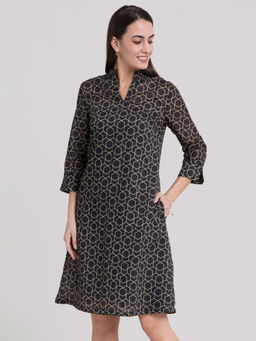 FableStreet - A-line Geometric Print Dress- Black & Gold