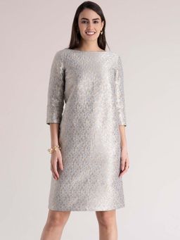 FableStreet - Grey And Golden Cotton Silk Brocade Shift Dress