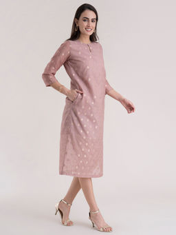 FableStreet - Dusty Pink Round Neck Booti Print Dress