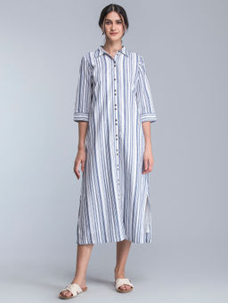 FableStreet - Blue & White Striped Linen Shirt Dress