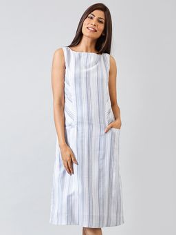 FableStreet - Rectangular Neck Rayon Shift Stripes Dress - Blue