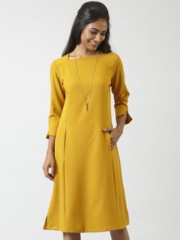 FableStreet - Quarter Sleeves A Line Dress - Mustard