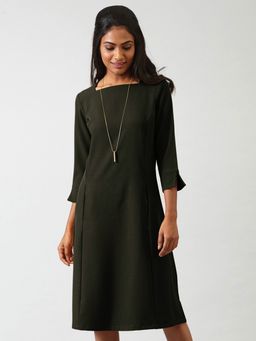 FABLE STREET - Quarter Sleeves A Line Dress - Seaweed Green