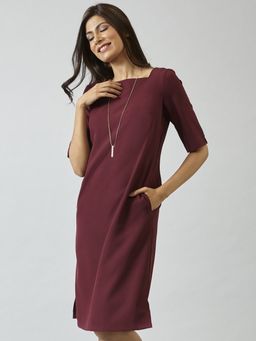 FableStreet - Elbow Length Sleeves Wide Neck Shift Dress - Maroon