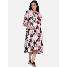 The Kaftan Company - Forest Floral Shirt Collar Maternity And Nursing Dress Multi-Color