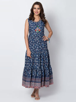 Biba - Navy Blue Printed Maxi Dress With Necklace