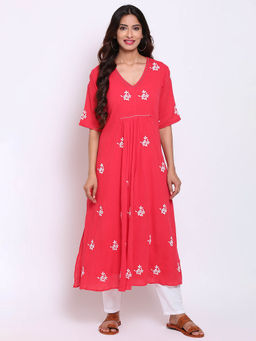 Biba - Red Embroidered Dress With Inner (Set of 2)