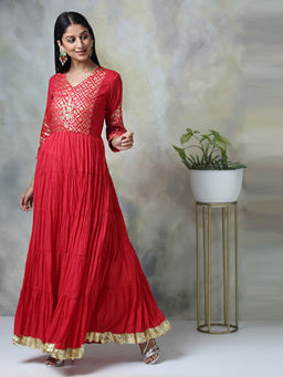 Biba - Red Printed Dress And Mask (Set of 2)