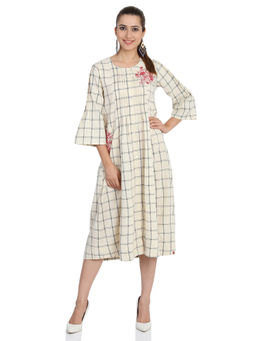 Biba - Beige Checkered Flared Midi Dress