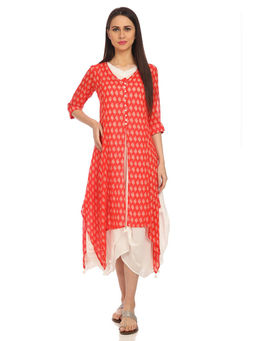 Biba - Red Printed Front Open Asymmetric Midi Dress