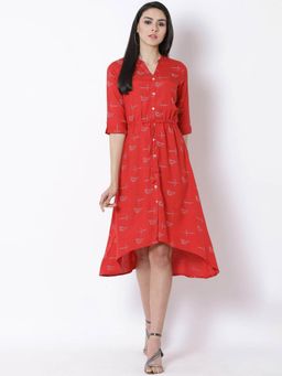 Rangriti - Red Viscose Asymmetric Knee Length Knee Length Dress