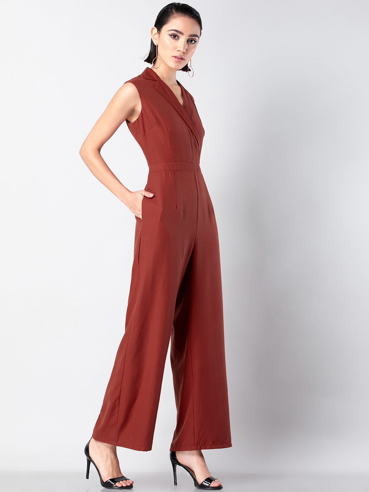 Faballey Rust Collared Utility Jumpsuit 