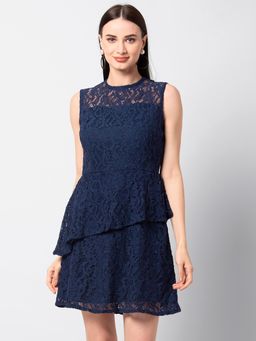 FabAlley - Navy Blue Diagonal Tier Lace Skater Dress