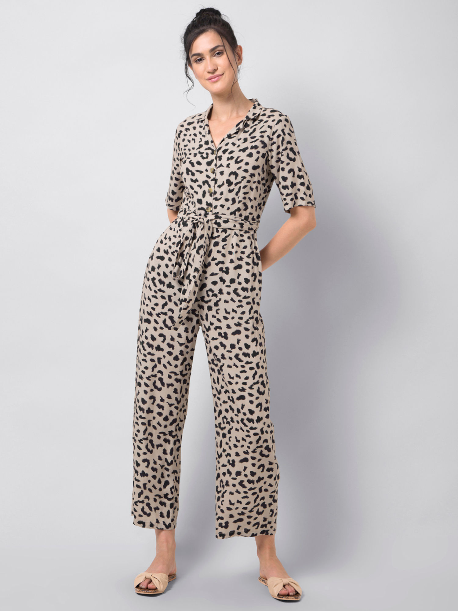 Buy Faballey Beige Leopard Print Belted 