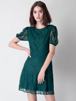 FabAlley - Teal Puff Sleeve Lace Dress