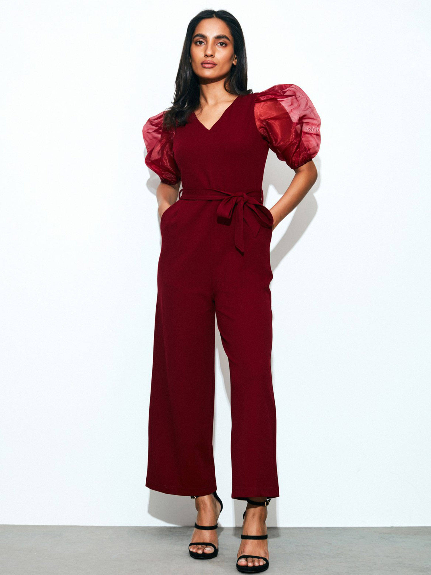 V- Neck Jumpsuit With Organza Sleeves 