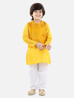 BownBee - Jacquard Jacket Kurta Pyjama 3 Piece Set- Yellow